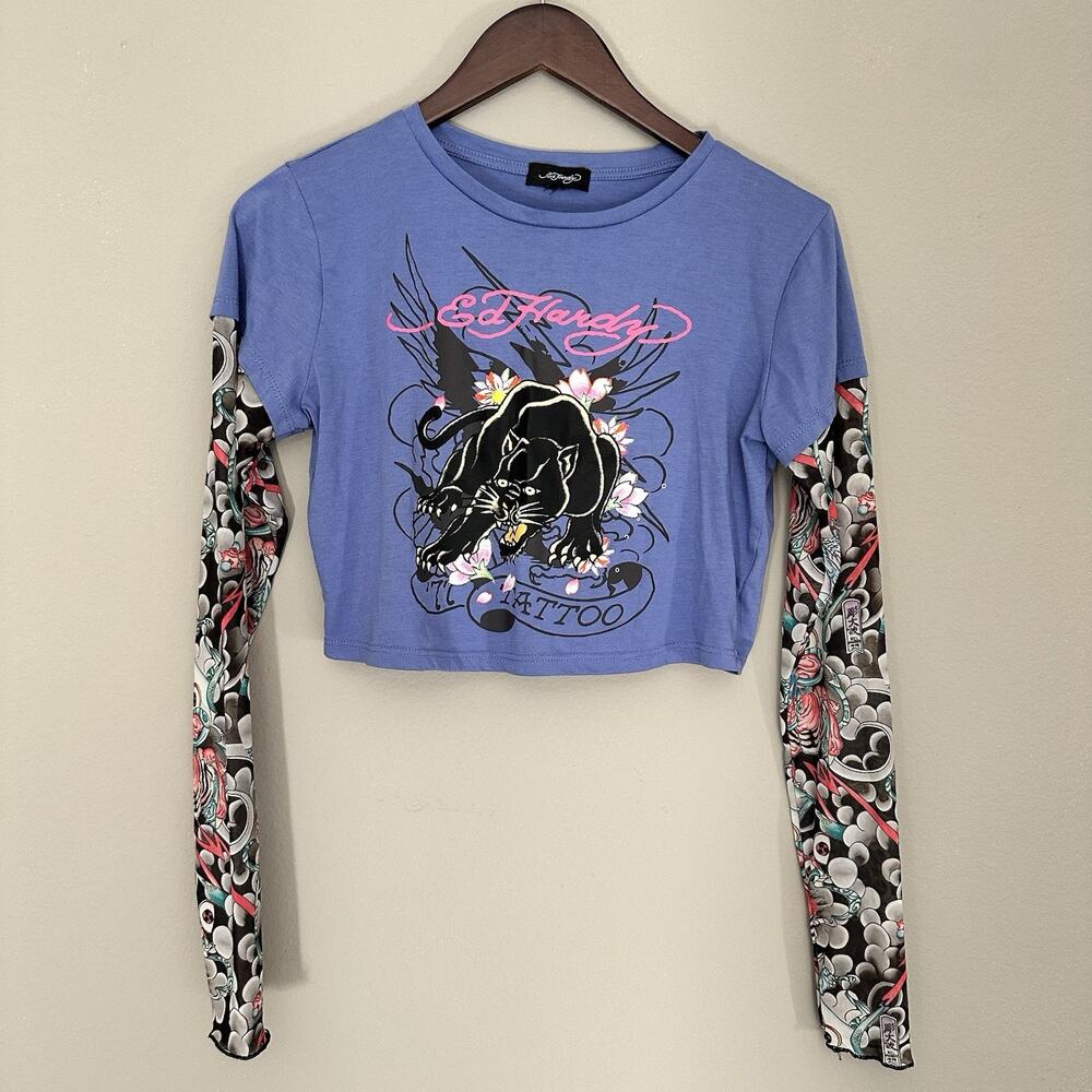 Ed Hardy Blue Cotton Panther Crop Top Tattoo Sleeve Y2K Revival Punk Streetwear